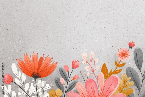 Vibrant Watercolor Floral Border with Delicate Petals and Soft Gray Background.