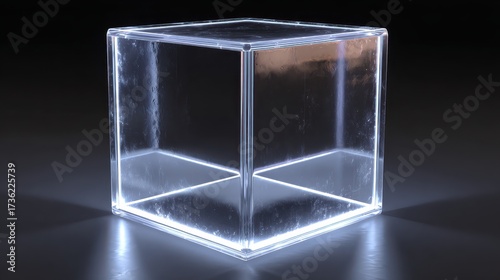 Clear glass cube with glowing edges against a dark background