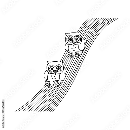 Two cartoon owls sliding down a striped slope in a black and white illustration on a white background