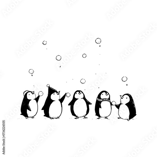 Five penguins stand together in the snow some are wearing hats and scarves while others catch snowflakes