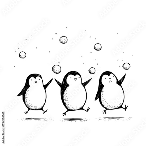 Three penguins juggling snowballs in a whimsical black and white cartoon illustration style image