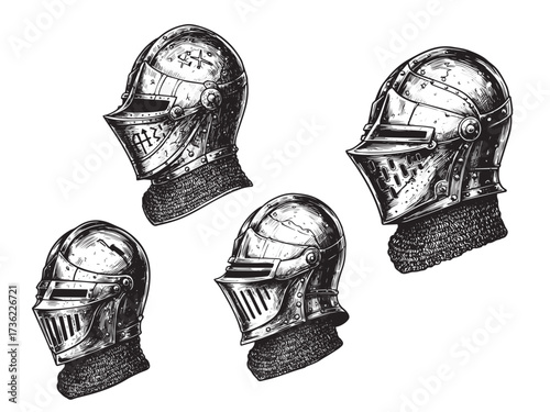Medieval Knight Helmet Vintage Engraved Historical Armor Illustration Vector