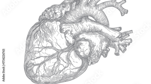 Detailed Anatomical Illustration of Human Heart, Vintage Engraving Style. Medical Science and Cardiology Concept Drawing