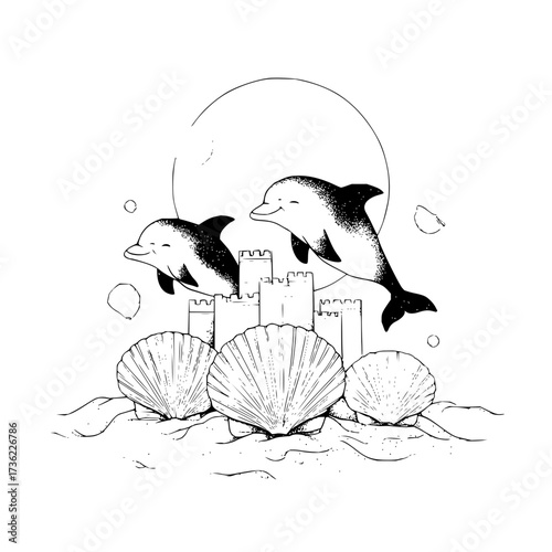 Two dolphins leaping over a sandcastle with seashells on a beach under a large sun illustration