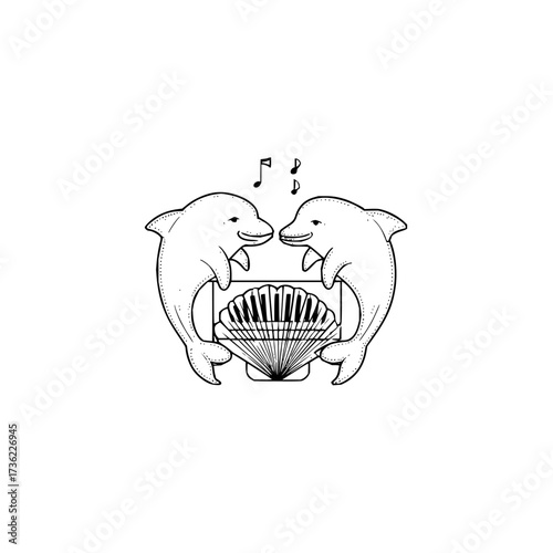 Two dolphins facing each other playing an accordion with musical notes above them in black and white art