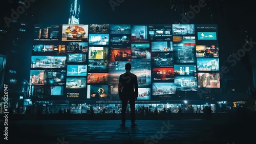 Multiple job offers displayed on a large screen overwhelm a businessman, symbolizing career path choices and the fear of missing out - fobo - in the modern job market