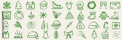 Retro vintage new year and christmas icons. Doodle sketch drawings in grunge charcoal style for winter holidays party celebration perfect for posters and invitation cards. Hand drawn chalk elements.