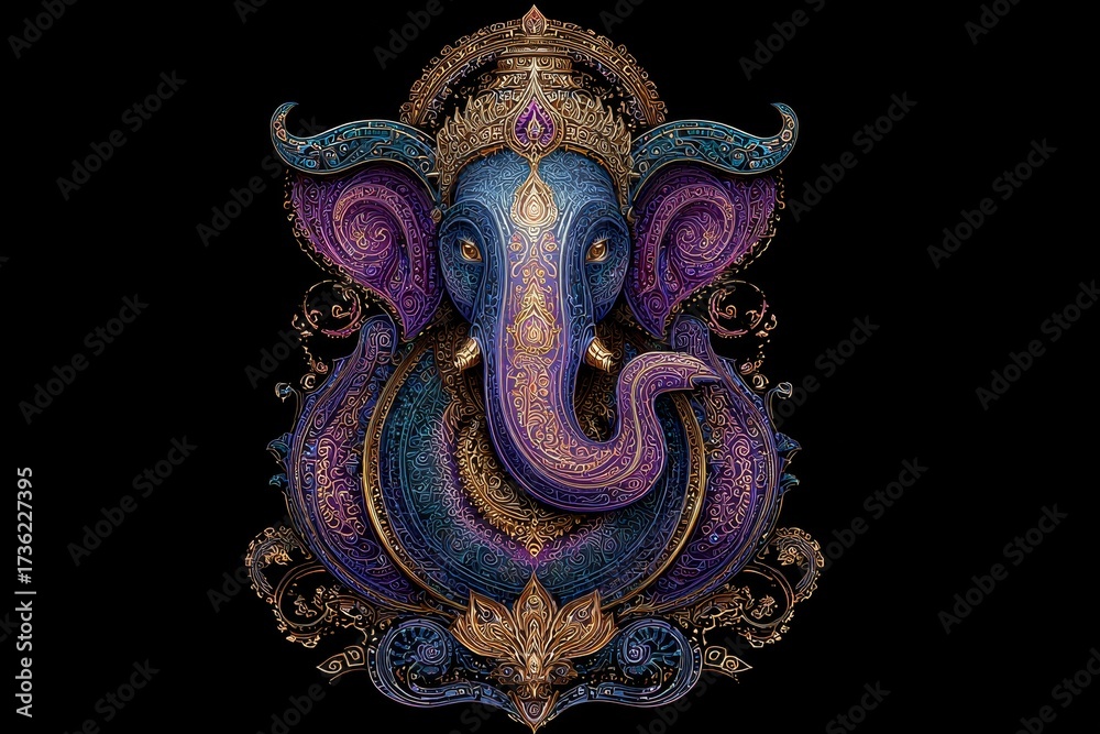 Naklejka premium Intricate ornate ganesh design with vibrant colors on black background