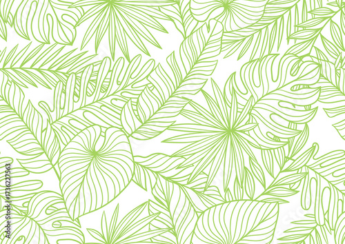 Pattern with linear palm leaves. Decorative image of tropical foliage and plants.