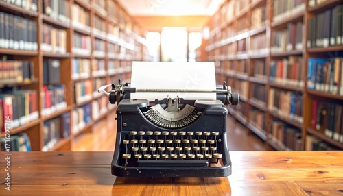 A beautiful antique typewriter on a wooden desk inside a cozy library with warm retro lighting, blurred bookshelf background, no text on paper, perfect for vintage writing or inscription concepts.