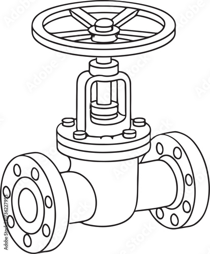 a Pipeline Valve with Flanges and Wheel Handle detailed black line art illustration.