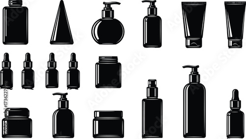 Cosmetic bottle silhouette, skincare packaging, pump dispenser, dropper bottle, black vector, personal care icon, white background, jar, tube, container
