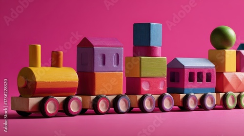 Vibrant Wooden Block Toy Train with Geometric Shapes on Bright Pink Background, Childhood Play.