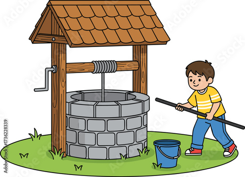 Child Drawing Water from Old Stone Well with Wooden Roof, Crank Handle, Rope Bucket in Rural Grass Field Scene