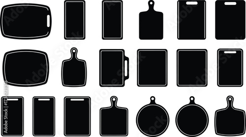 Cutting board silhouette, black vector illustration, kitchen utensil shapes, paddle design, minimal style, culinary tool, food prep icon, white background