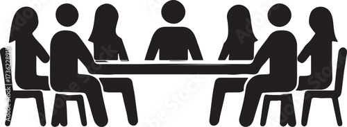  Group of people sitting around a long table silhouette vector