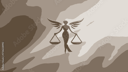 Winged Goddess of Justice Holding Scales: Legal System, Balance, and Equality Concept Art Illustration with Abstract Background