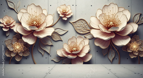 Luxurious 3D Wallpaper with Abstract Blossoms and Gold Accents, 3D relief wallpaper with Majestic 3D Wall Mural. floral landscapes. 3d floral art, floral wallpaper, Luxurious textile tile wall art