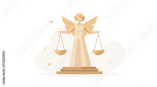 Golden winged statue holding scales illustration, representing justice, law, equality, fairness, and balance. Legal system concept art.