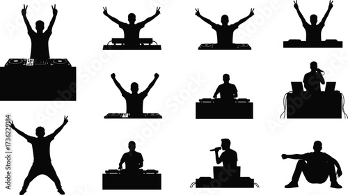 DJ silhouette illustration, black vector performers, music setup poses, turntable icon, concert vibe, party scene, minimal style, white background, entertainment graphic