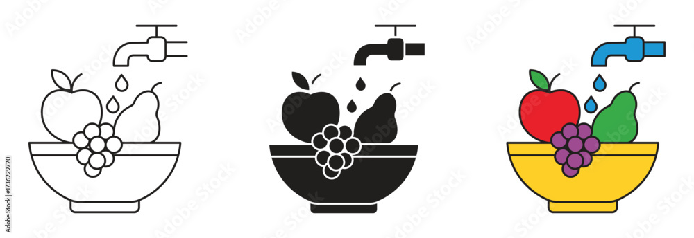 Obraz premium Fruits washing icon set , clean produce illustrations for food safety and hygiene. Wash well before eating vector label. Water tap and fruits washing in a bowl icon.