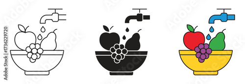 Fruits washing icon set , clean produce illustrations for food safety and hygiene. Wash well before eating vector label. Water tap and fruits washing in a bowl  icon.