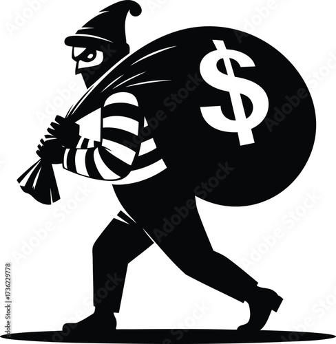 Sneaky Thief character carrying a large sack of money vector illustration isolated on white background