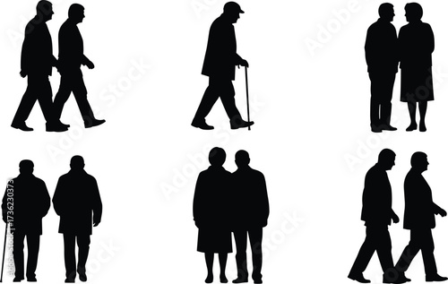 Elderly silhouette illustration, black vector figures, senior walking poses, cane support, companionship icon, aging mobility, minimal style, white background, healthcare graphic