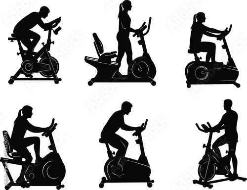 Exercise bike silhouette, black vector illustration, fitness equipment poses, spin bike, upright bike, recumbent style, minimal design, white background, workout icon