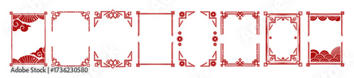 Chinese 2026 oriental New Year geometric frame, vector hand drawn festive traditional red border set. Japanese holiday greeting ornate graphic, celebration corner banner decor. Vintage Chinese frame