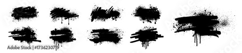 Graffiti stain spray set, brush stroke spot collection, ink grunge spray messy dark splatter blob. Hand drawn vector black airy texture blank, dripped liquid urban frame shape. Graffiti stain decor