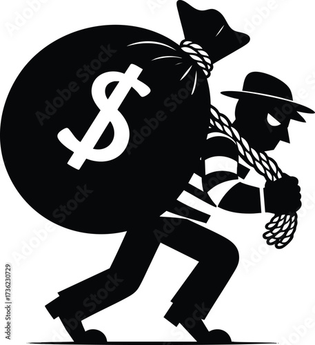 Sneaky Thief character carrying a large sack of money vector illustration isolated on white background