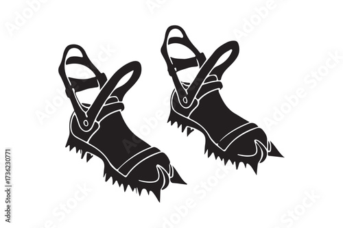 Black and white illustration of ice climbing boots with crampons