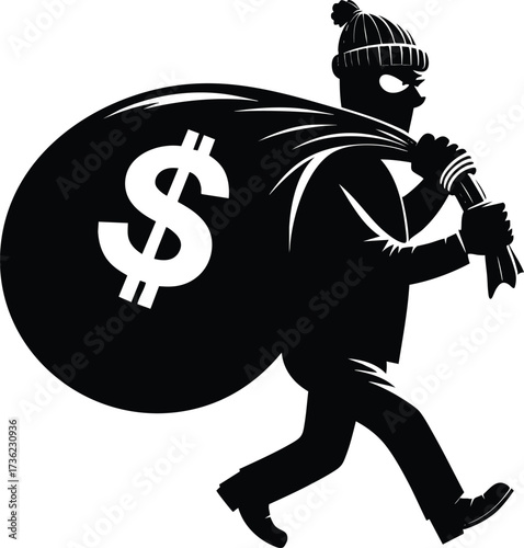 Sneaky Thief character carrying a large sack of money vector illustration isolated on white background