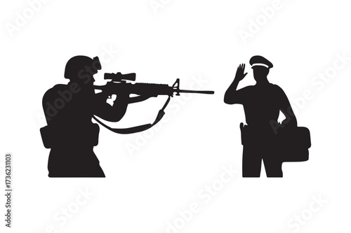 Silhouette of soldier aiming rifle at saluting officer