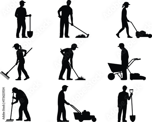 Gardening silhouette, landscaping worker, shovel and rake action, lawnmower pose, wheelbarrow icon, black vector, outdoor task, white background, tool use