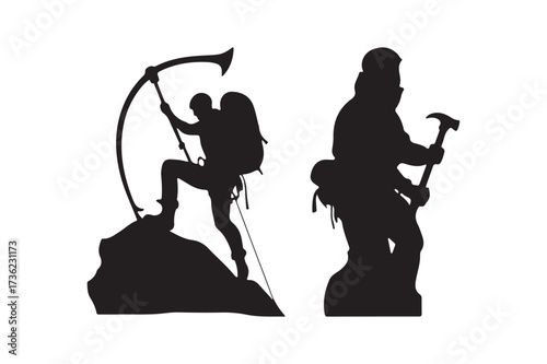 Silhouettes of mountaineers climbing and standing with ice axes