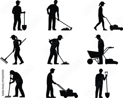Gardening silhouette, landscaping worker, shovel and rake pose, lawnmower action, trimmer tool, wheelbarrow icon, black vector, outdoor task, white background