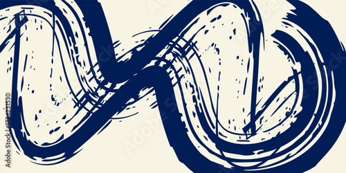 Grunge grainy blue brush stroke with spray texture. Hand drawn distress damaged vintage banner with zigzag bold line. Rough thick brush stroke texture. Spray paint effect vector background.