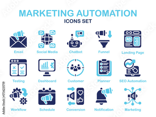 Marketing Automation Solid Icon set. Including marketing, automation, digital, campaign, email, crm, lead and more. Solid vector icons collection. Vector Illustration.