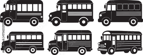 set of school bus silhouette, vector and illustration, black and white