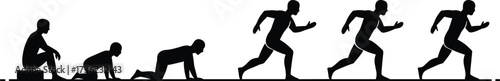 Human development silhouette, crawling to running stages, growth motion, black vector, physical evolution, white background, mobility icon, life progress