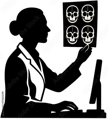Female Doctor Radiologist Silhouette | Skull X-Ray Examination Vector