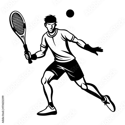 Determined male padel competitor in blue attire preparing for forehand swing, vector black silhouette illustration design on white background