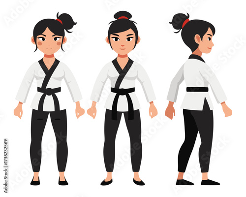 Female Taekwondo athletes shown in three angles front, side and back, vector black silhouette illustration design on white background
