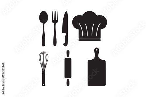Culinary tools and chef hat silhouette collection