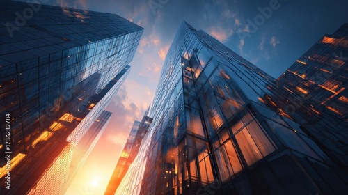 Wallpaper Mural skyscraper reflecting sunset background 3d abstract architecture design of modern contemporary luxury building converging glass and steel perspective view landscape hitech sustainable architect Torontodigital.ca