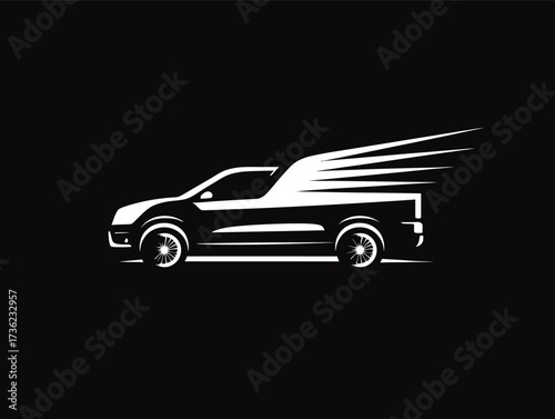 A sleek pickup truck silhouette shows motion with lines indicating speed. The design features a black background that emphasizes the modern look.