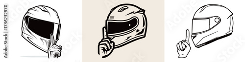 Three distinct racing helmet illustrations are displayed, each featuring a hand gesture suggesting silence.