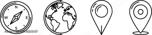 Vector art of compass, globe, and location pin graphics